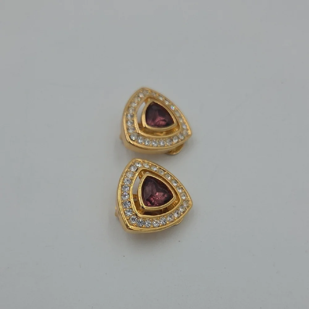 Vintage Christian Dior Amethyst Rhinestone Gold Clip On Earrings